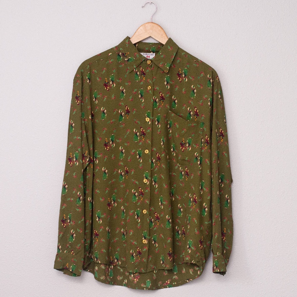 Olive Button Up with Dancing Dutch Women print